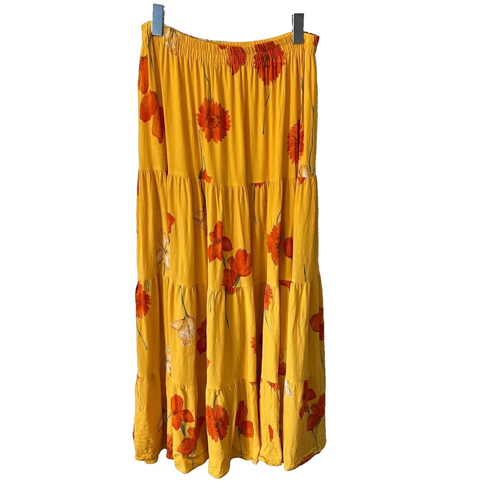 Vintage J. Suzette Maxi Tiered Skirt Yellow Orange Floral Size Med Elastic Waist